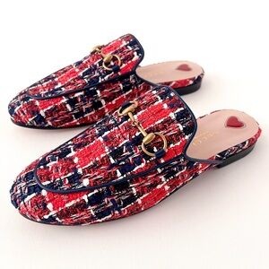GUCCI || Princetown Red Blue Tweed Horsebit Loafer Mule Slipper Flat US 6.5